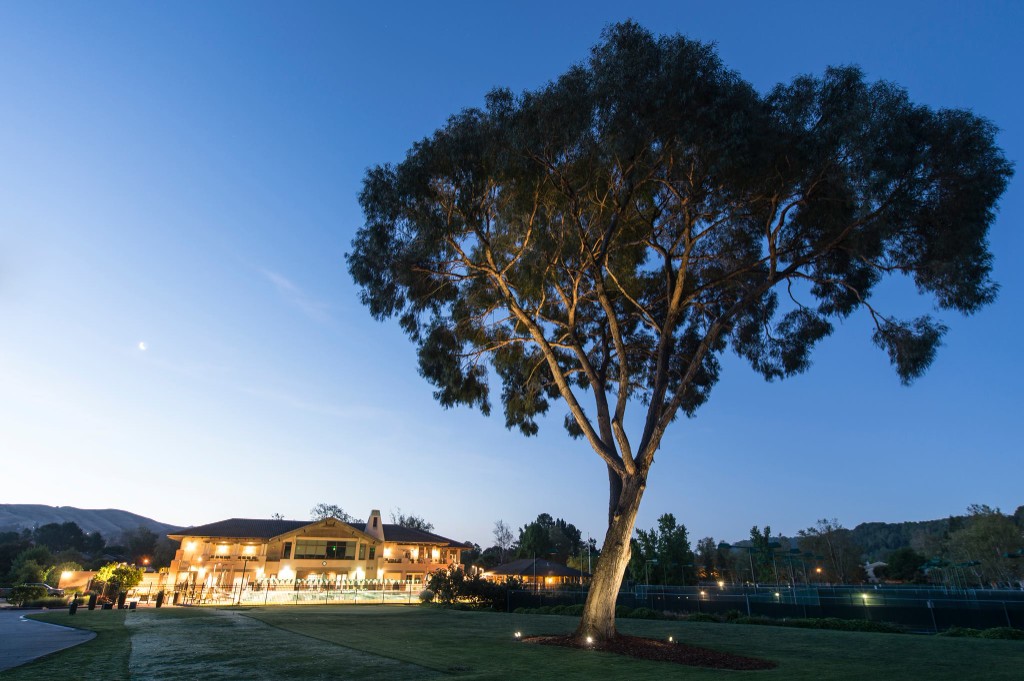 Moraga Country Club clubhouse and pool at twilight